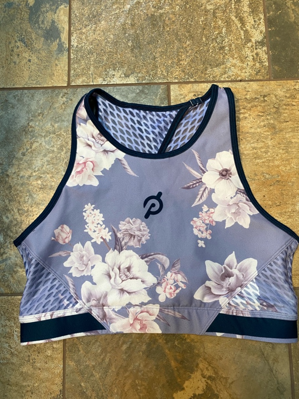 Peloton Lavender Floral High-Neck Sports Bra with Navy Trim